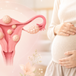 子宮筋腫を持つ女性の腹部